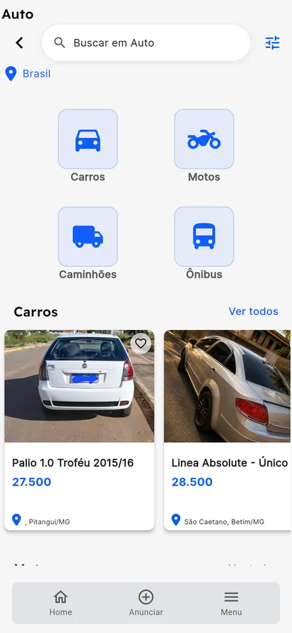 Categorias de veículos do autoimoveis: carros, motos, caminhões e ônibus