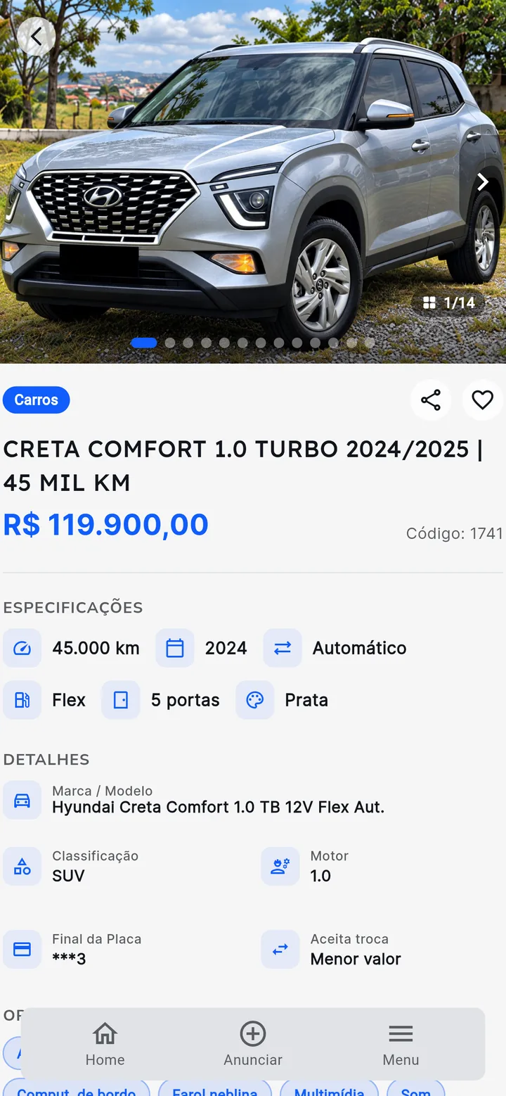 Anúncio de um Hyundai Creta com marca e modelo da Tabela FIPE