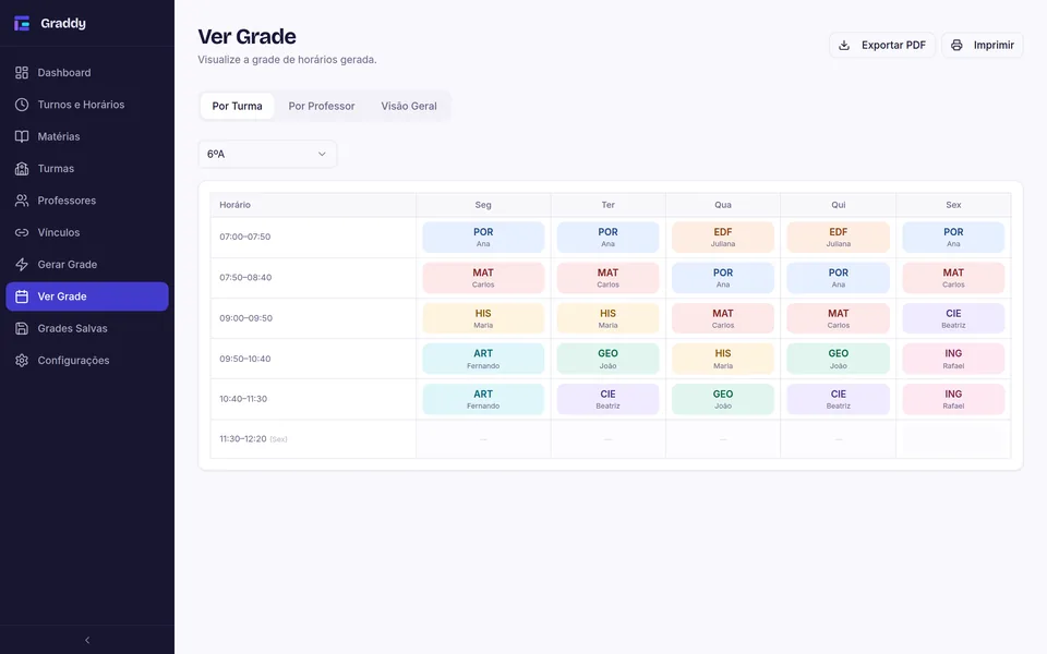 Tela Ver Grade do Graddy com a grade do 6º A