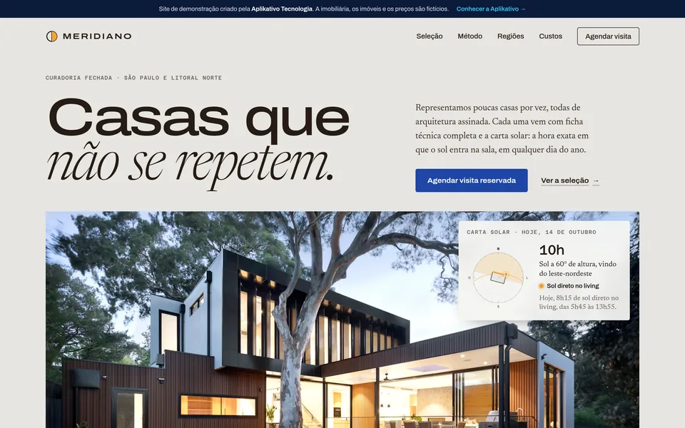 Página inicial do site de demonstração de uma imobiliária, com a foto de uma casa e a carta solar marcando sol direto no living às 10h
