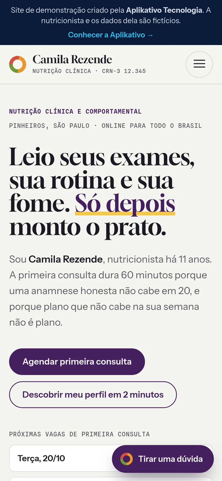 O mesmo site de nutricionista no celular