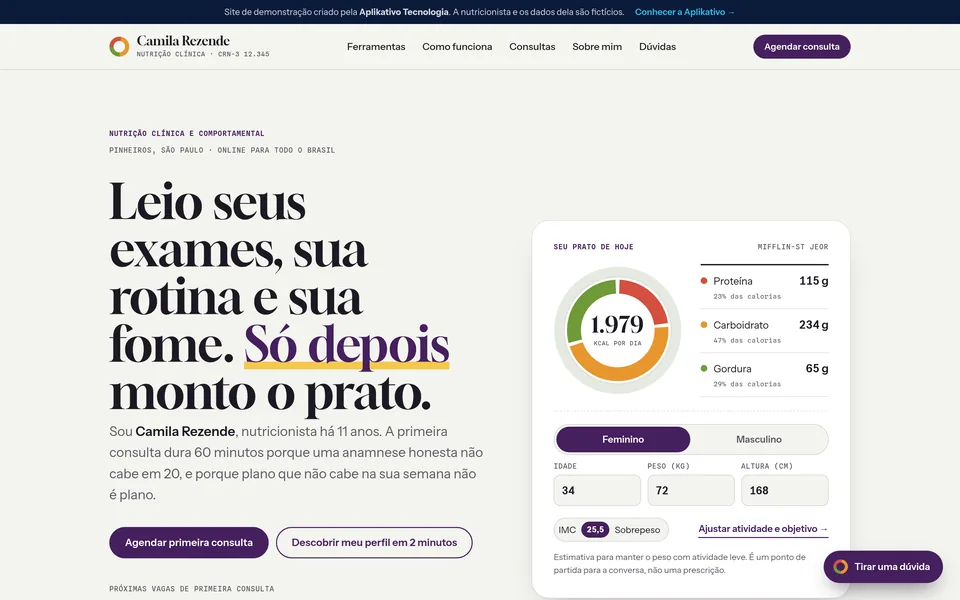 Página inicial do site de demonstração de uma nutricionista, com a prévia da calculadora de calorias e macros