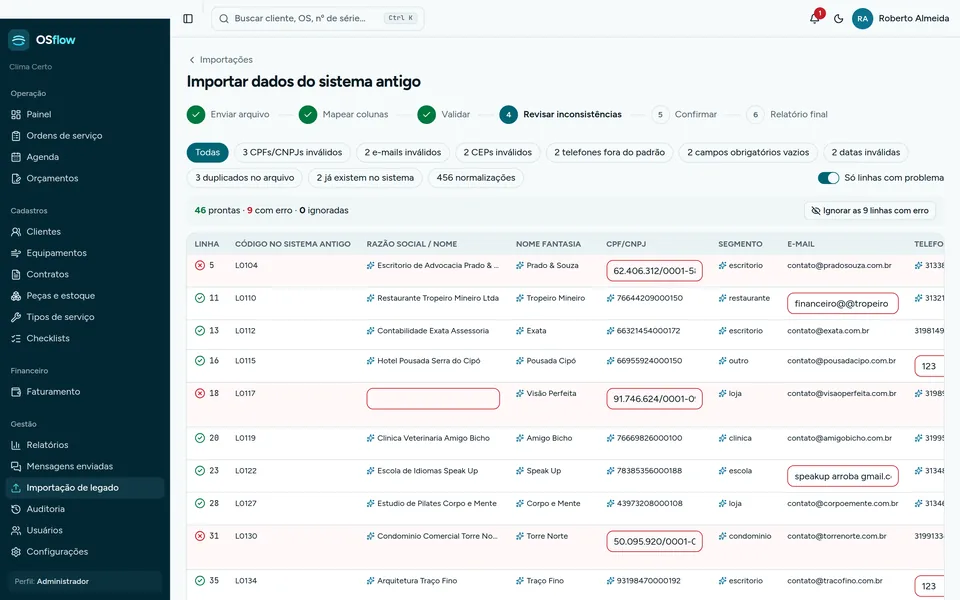 Revisão da importação do sistema antigo no OSflow, com as linhas prontas, as que têm erro e os valores padronizados