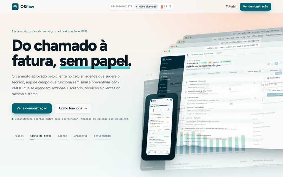 Página inicial do site do OSflow, com o título Do chamado à fatura, sem papel e as telas do sistema em pilha