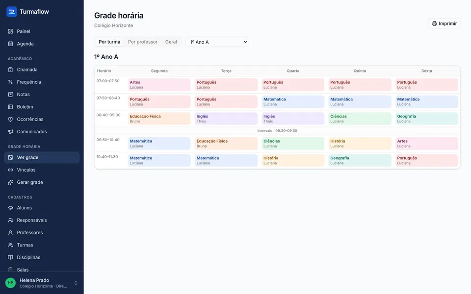 Grade horária semanal do 1º Ano A