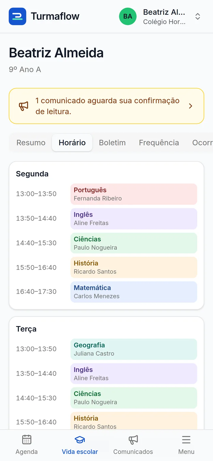 Horário semanal da aluna no celular