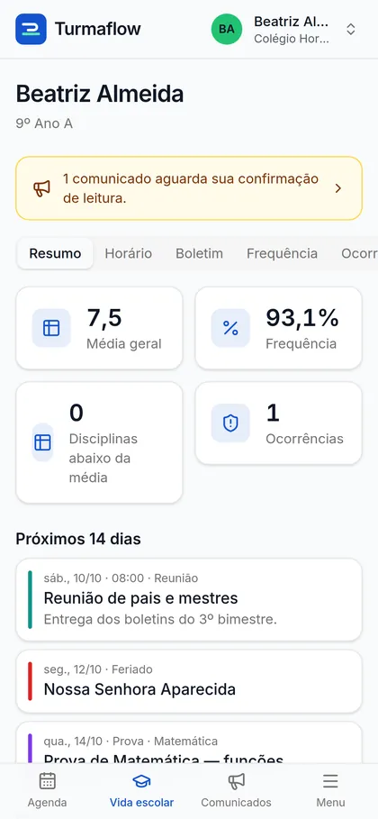 Resumo da aluna com média geral, frequência e próximas provas