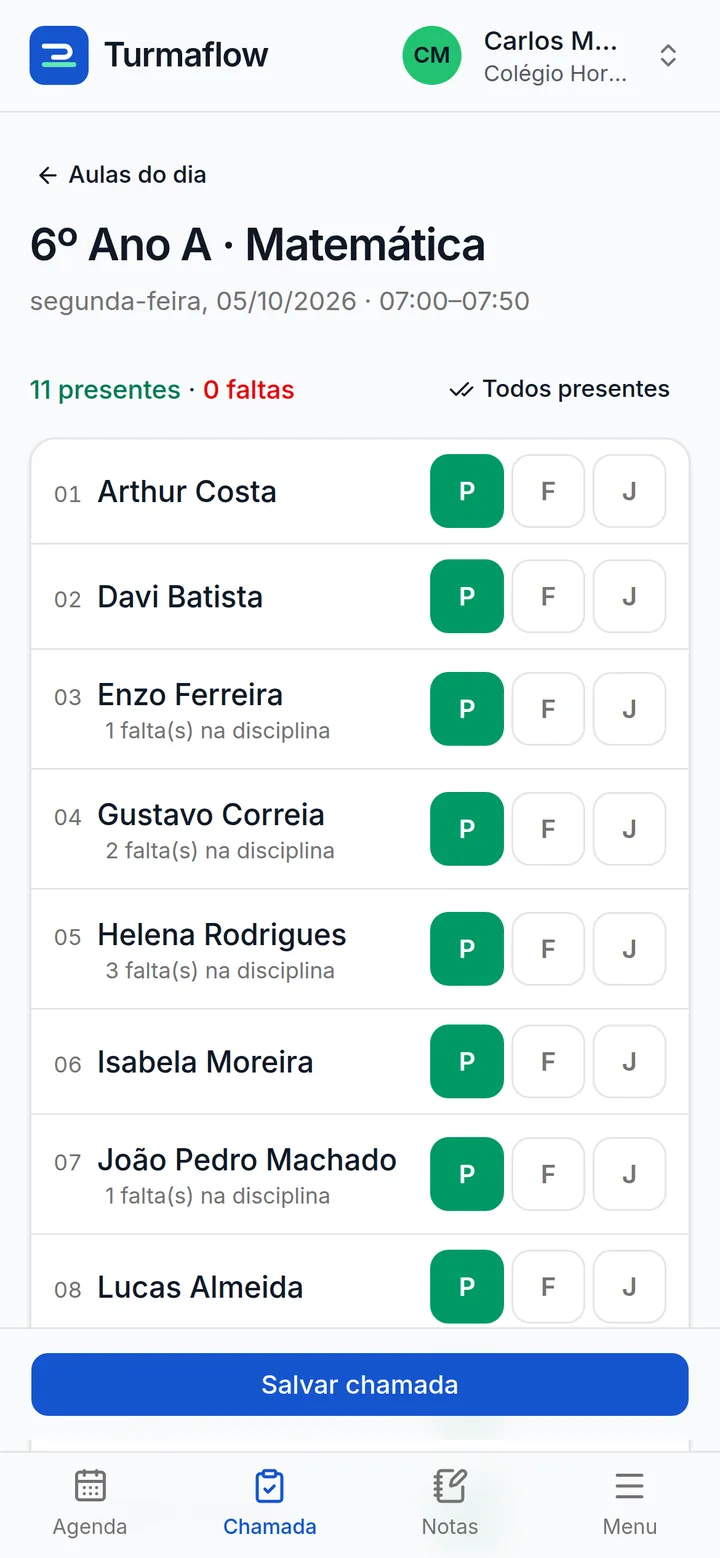 Chamada do 6º Ano A no celular