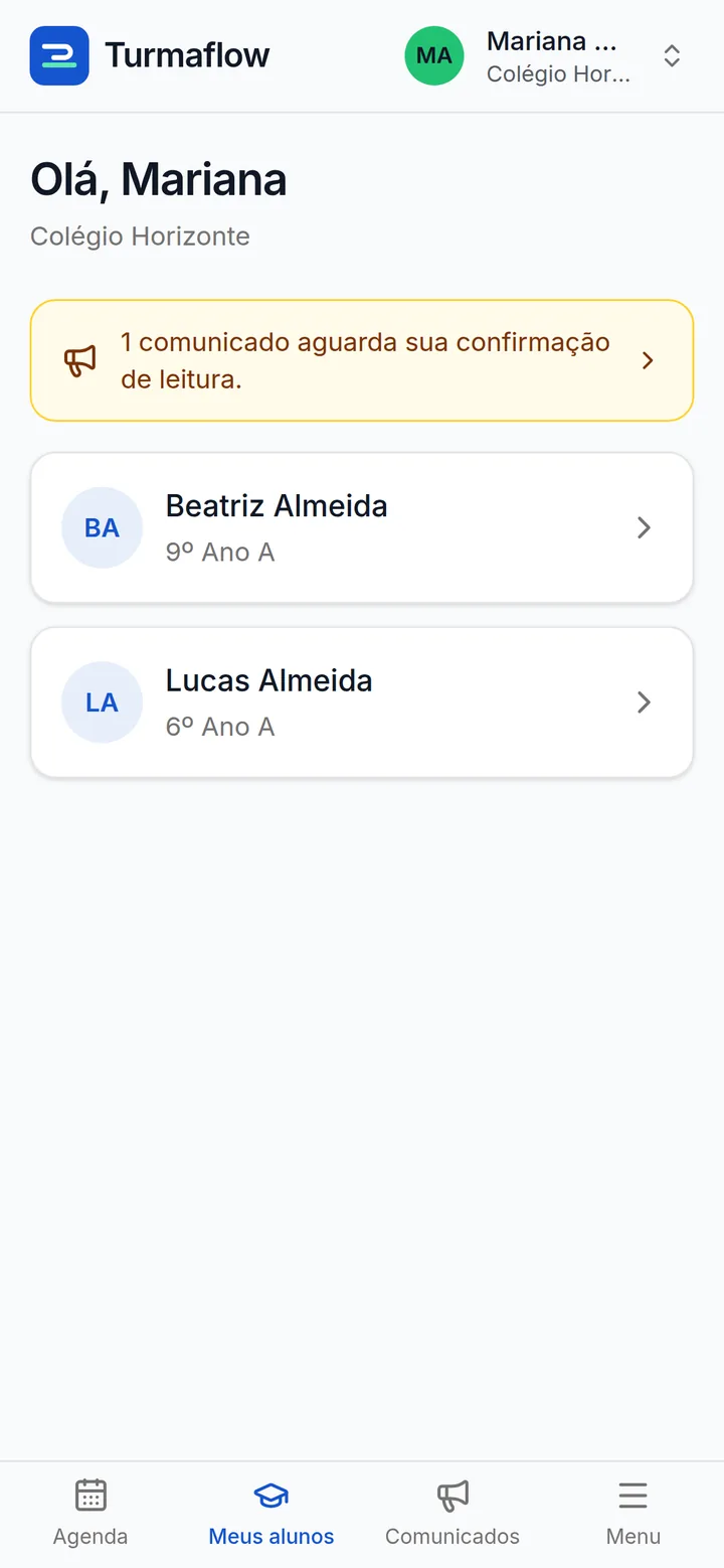Portal da responsável com os dois filhos