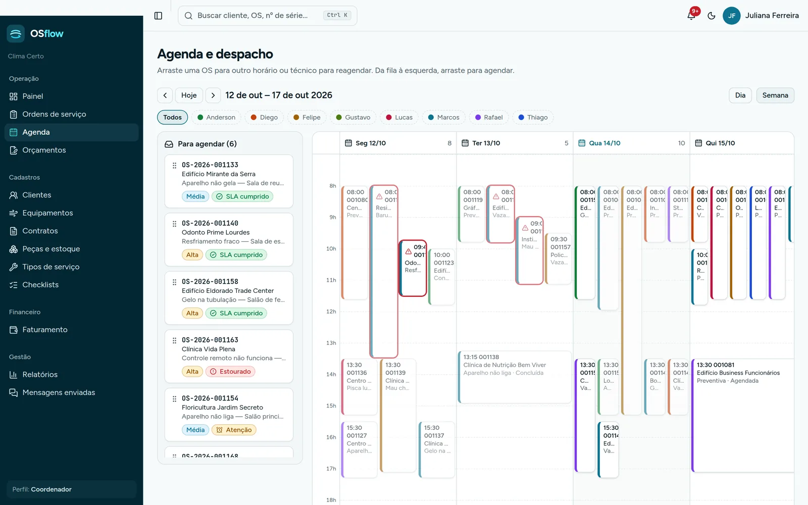 Agenda da semana com as OS de cada técnico em cores