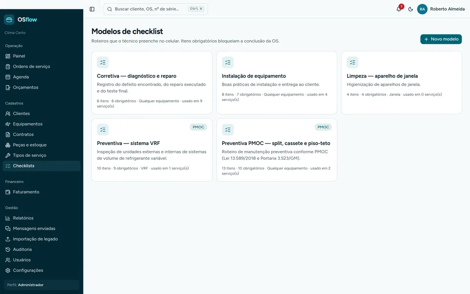 Modelos de checklist, inclusive preventiva PMOC e sistema VRF