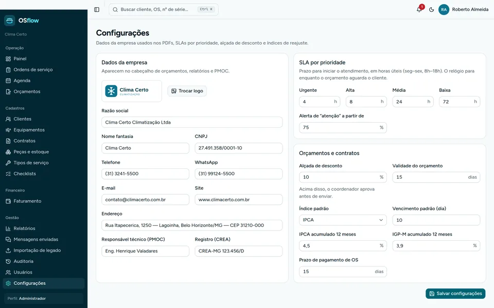 Configurações com dados da empresa, SLA por prioridade, alçada de desconto e índices de reajuste