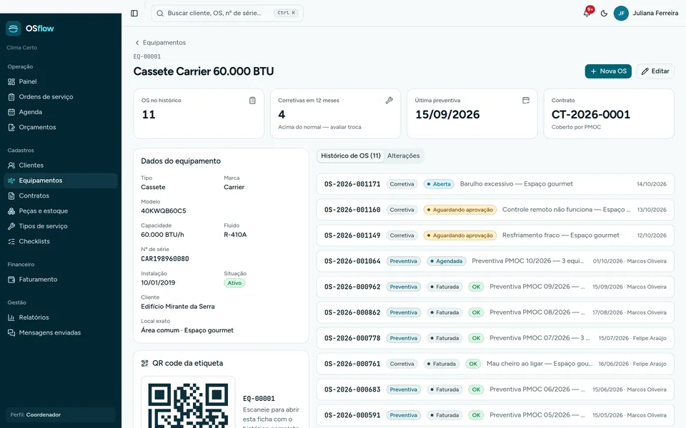 Ficha do cassete Carrier de 60.000 BTU com histórico de 11 OS e QR code da etiqueta