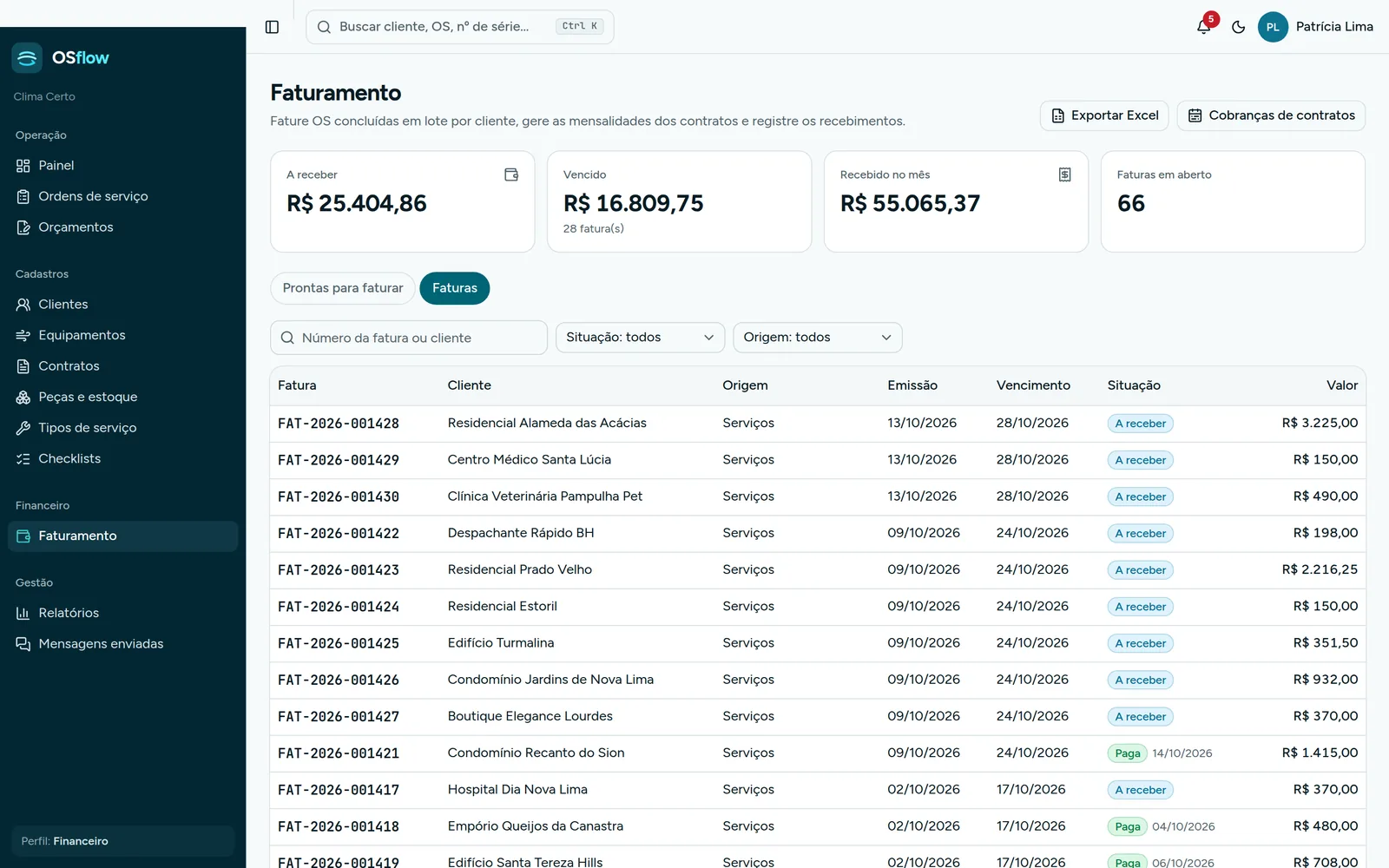 Lista de faturas com valores a receber, vencidos e pagos