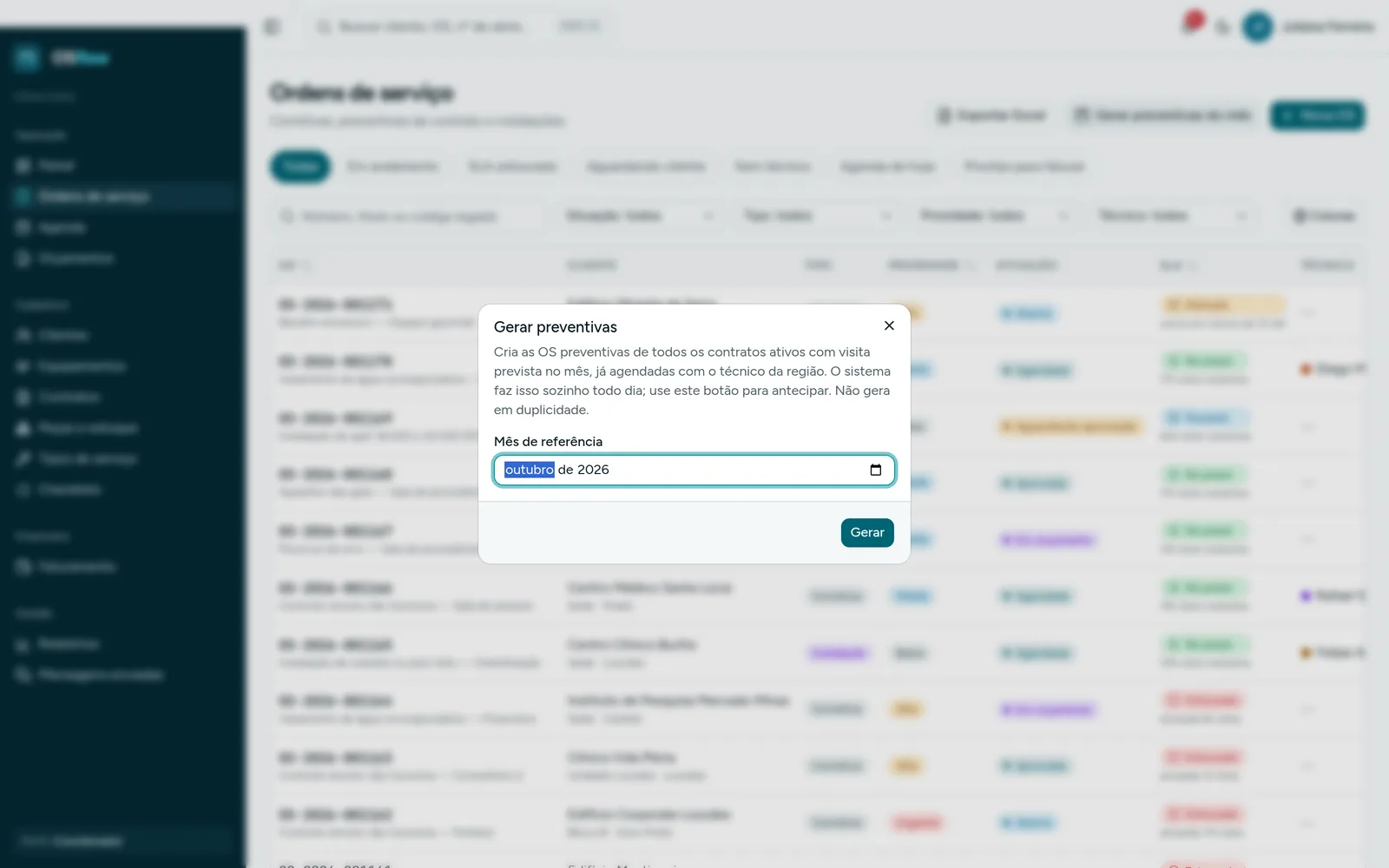 Janela para gerar as preventivas do mês a partir dos contratos ativos