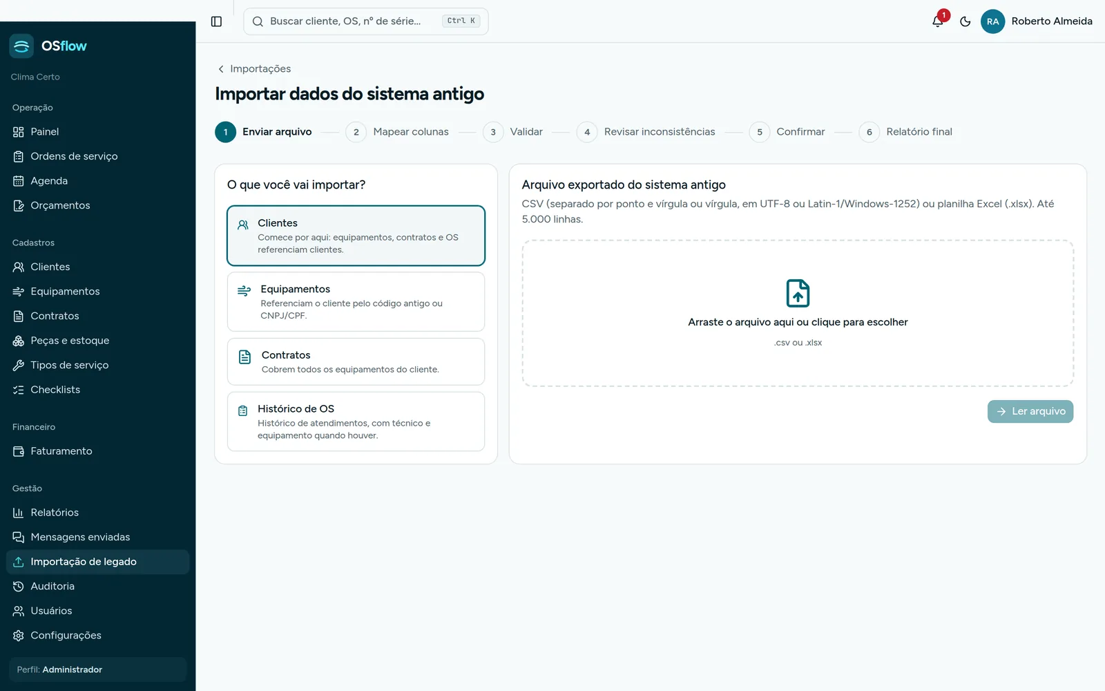 Primeira etapa da importação: escolher o que importar e enviar o arquivo