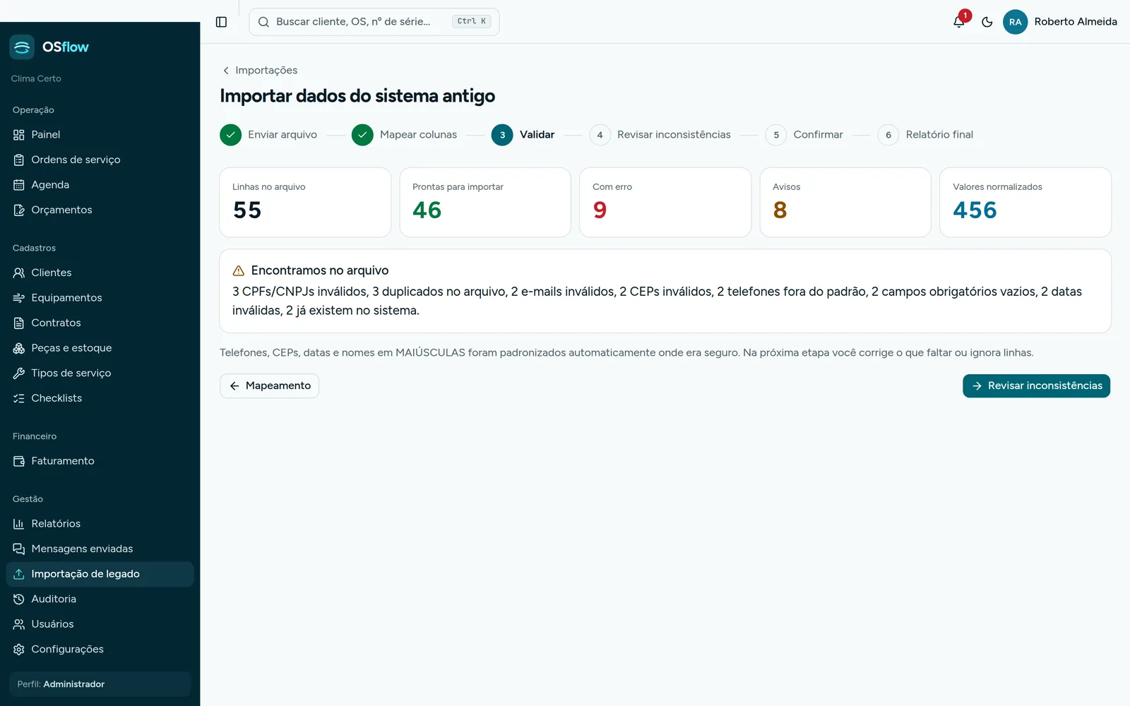 Resumo da validação com CNPJs inválidos, duplicados, e-mails e CEPs fora do padrão