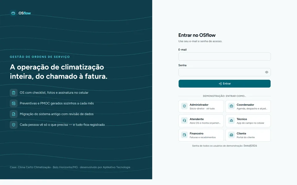 Tela de entrada do OSflow com e-mail, senha e botões Entrar como para cada perfil