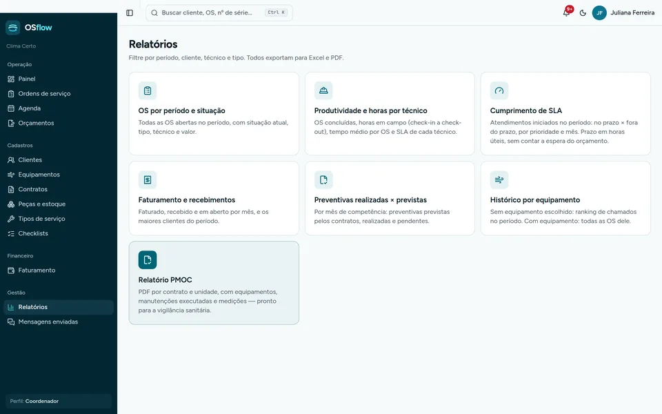 Lista dos relatórios disponíveis