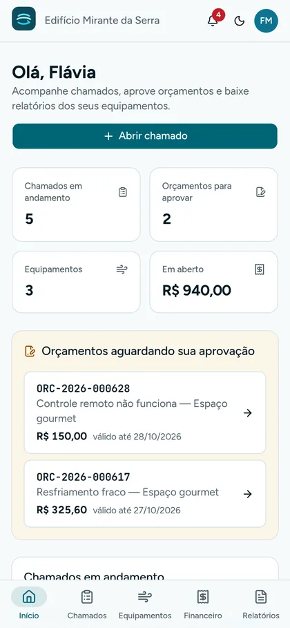 Início do portal do cliente com orçamentos aguardando aprovação