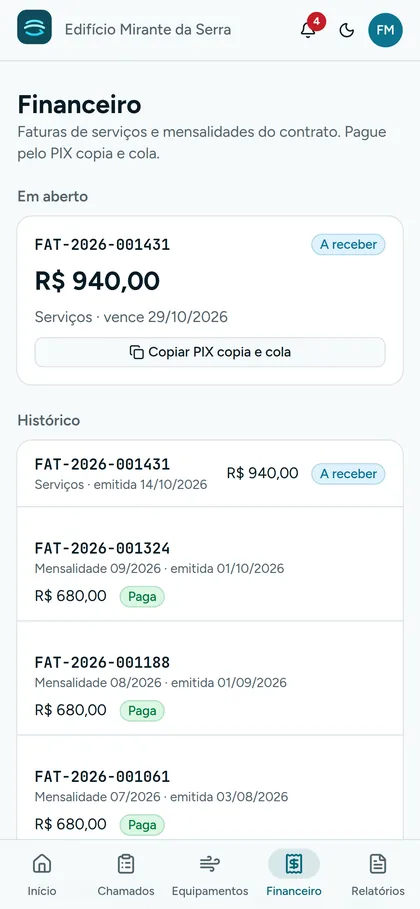 Faturas em aberto com PIX copia e cola