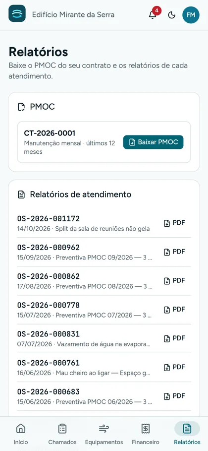 Relatórios do cliente com PMOC e relatórios de atendimento