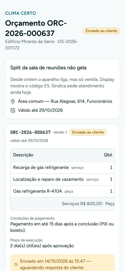Página pública do orçamento aberta no celular da cliente