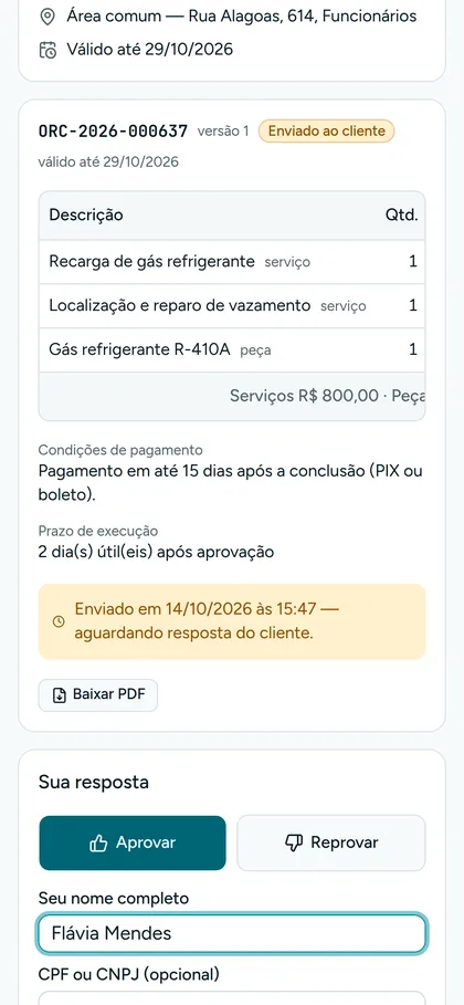 Botões Aprovar e Reprovar com o nome de quem responde