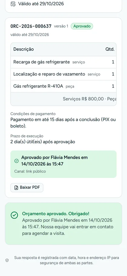 Confirmação: orçamento aprovado por Flávia Mendes