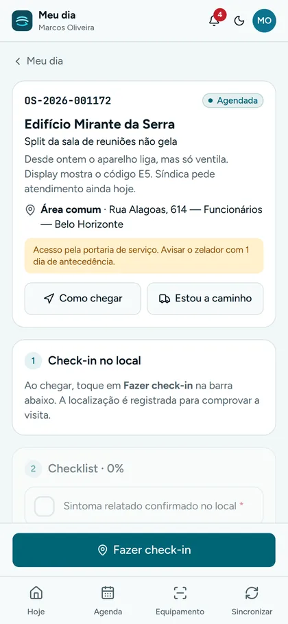 Detalhe da OS no app do técnico com botão Fazer check-in