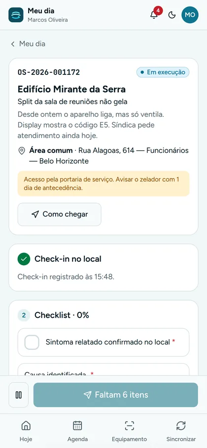 Check-in registrado e checklist a preencher