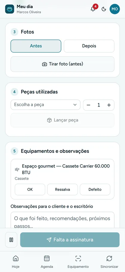 Seções de fotos, peças utilizadas e situação de cada equipamento