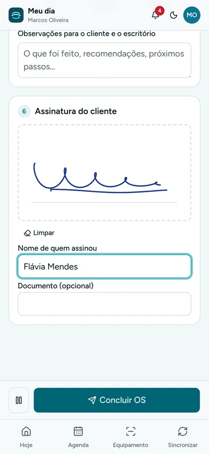 Assinatura de Flávia Mendes colhida no celular e botão Concluir OS