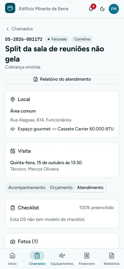 Chamado OS-2026-001172 no portal, faturado, com relatório do atendimento