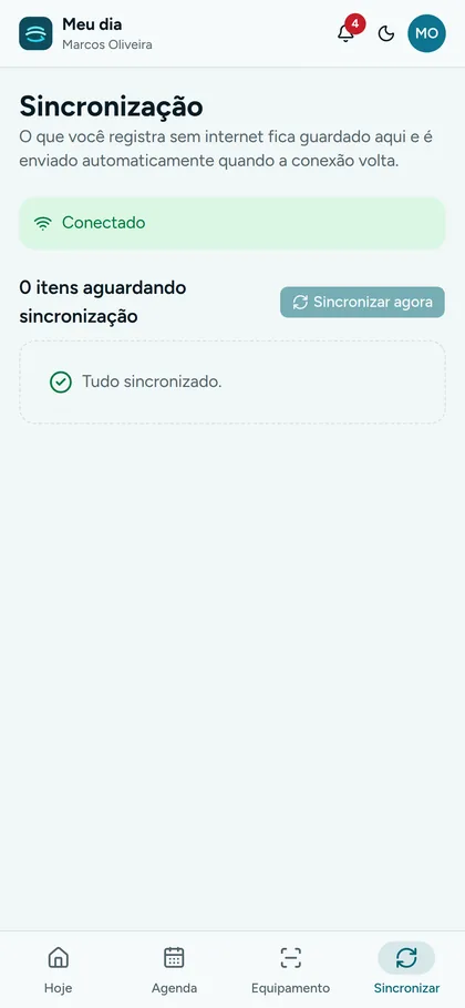 Tela de sincronização do app do técnico