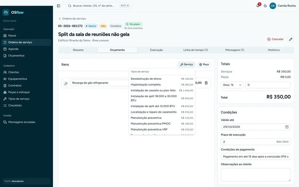 Menu de tipos de serviço com preços de catálogo