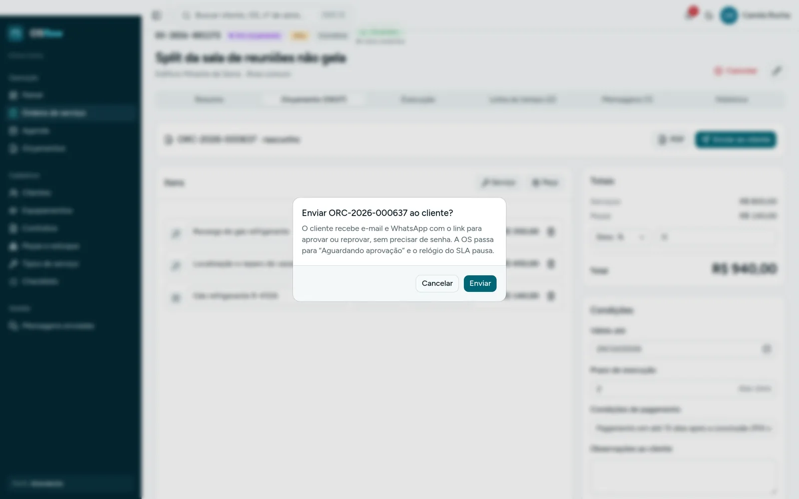 Confirmação de envio do orçamento ao cliente por e-mail e WhatsApp