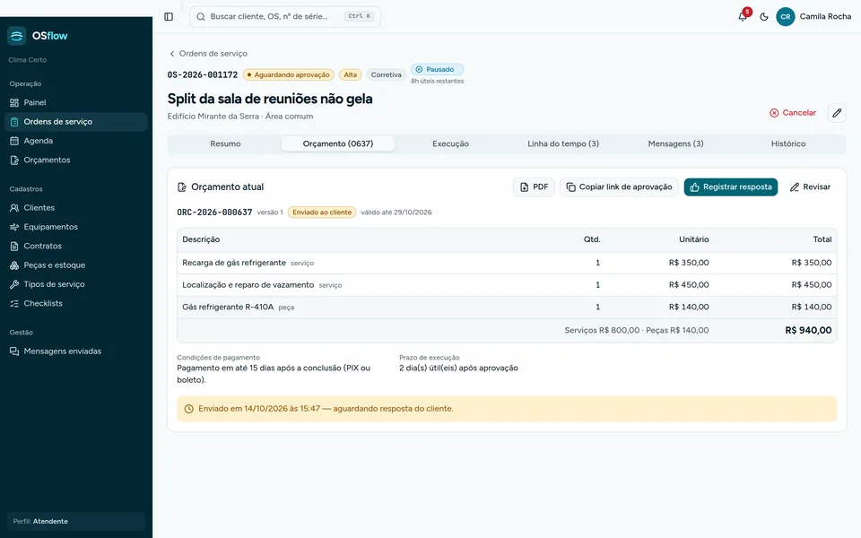 Orçamento enviado aguardando resposta, com botões PDF, Copiar link de aprovação, Registrar resposta e Revisar