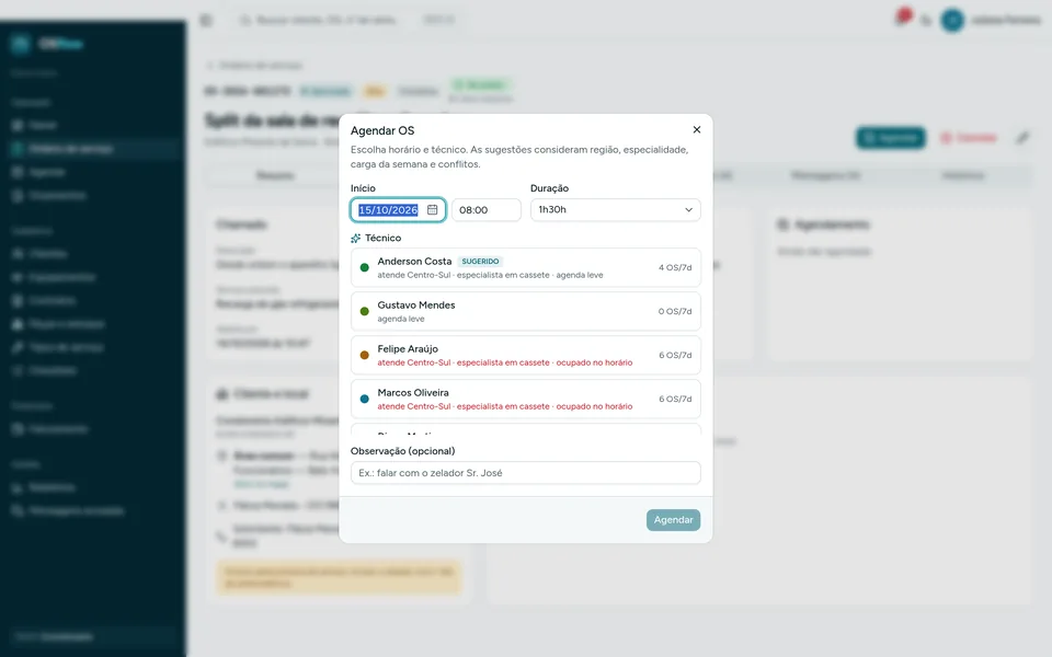 Janela de agendamento com técnicos ordenados e o primeiro marcado como sugerido