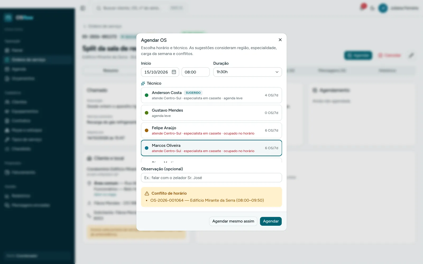 Aviso de conflito de horário com outra OS do mesmo técnico