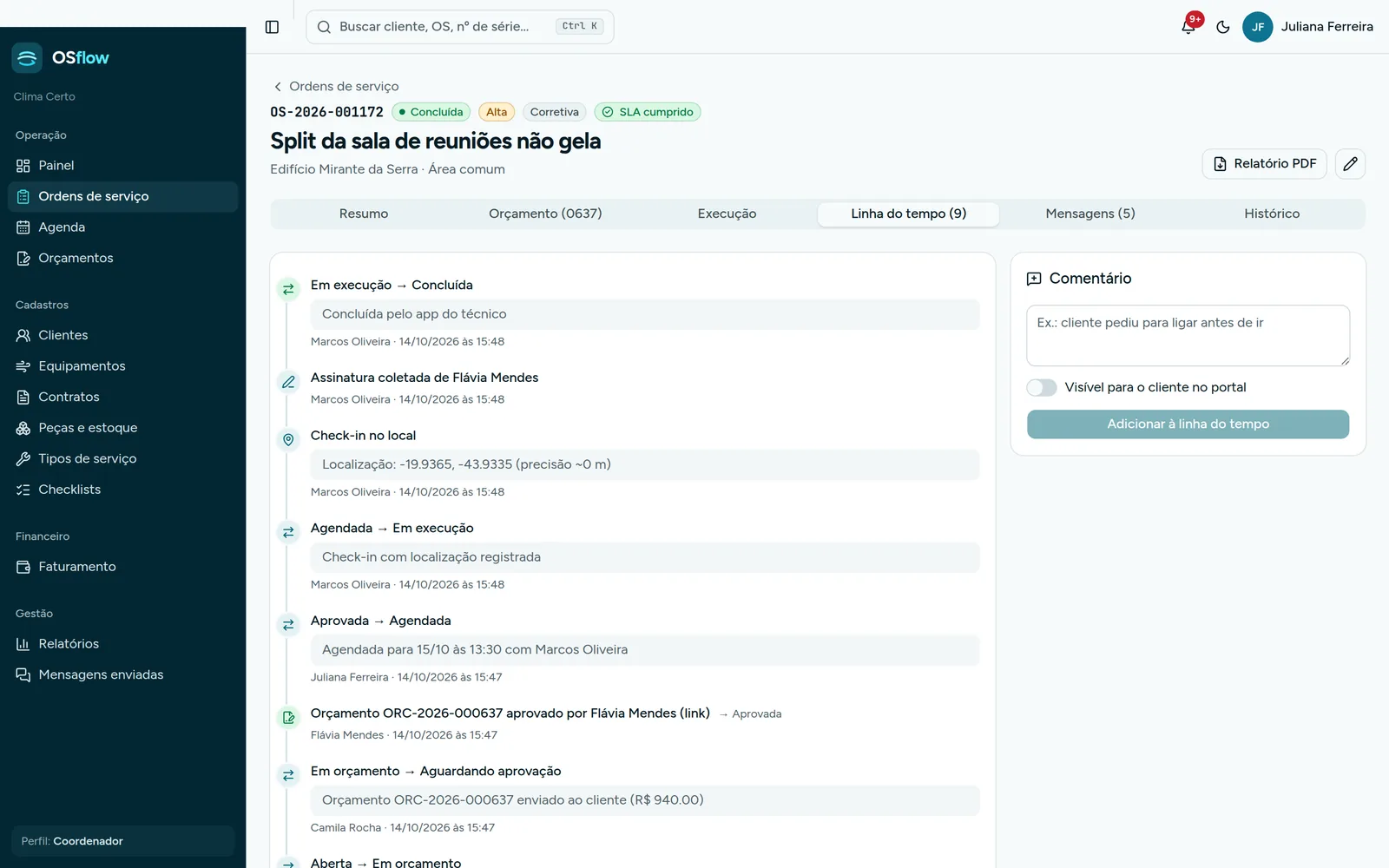 Linha do tempo da OS com orçamento aprovado, agendamento, check-in e conclusão