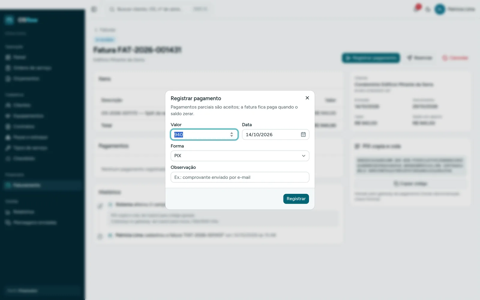 Registro de pagamento por PIX