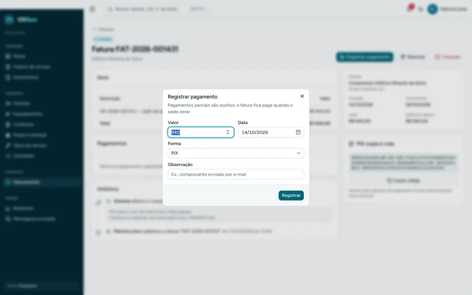 Janela de registro de pagamento com valor, data, forma e observação